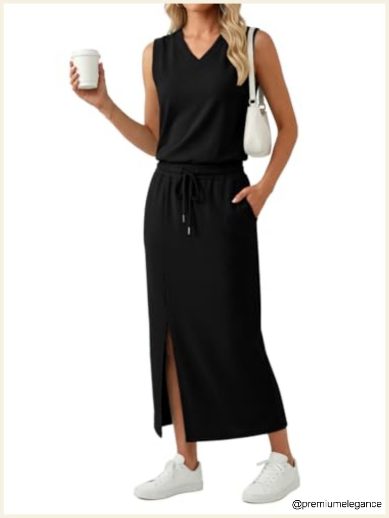 2 Piece Skirt Set V Neck Sleeveless Top Maxi Skirt With Pockets